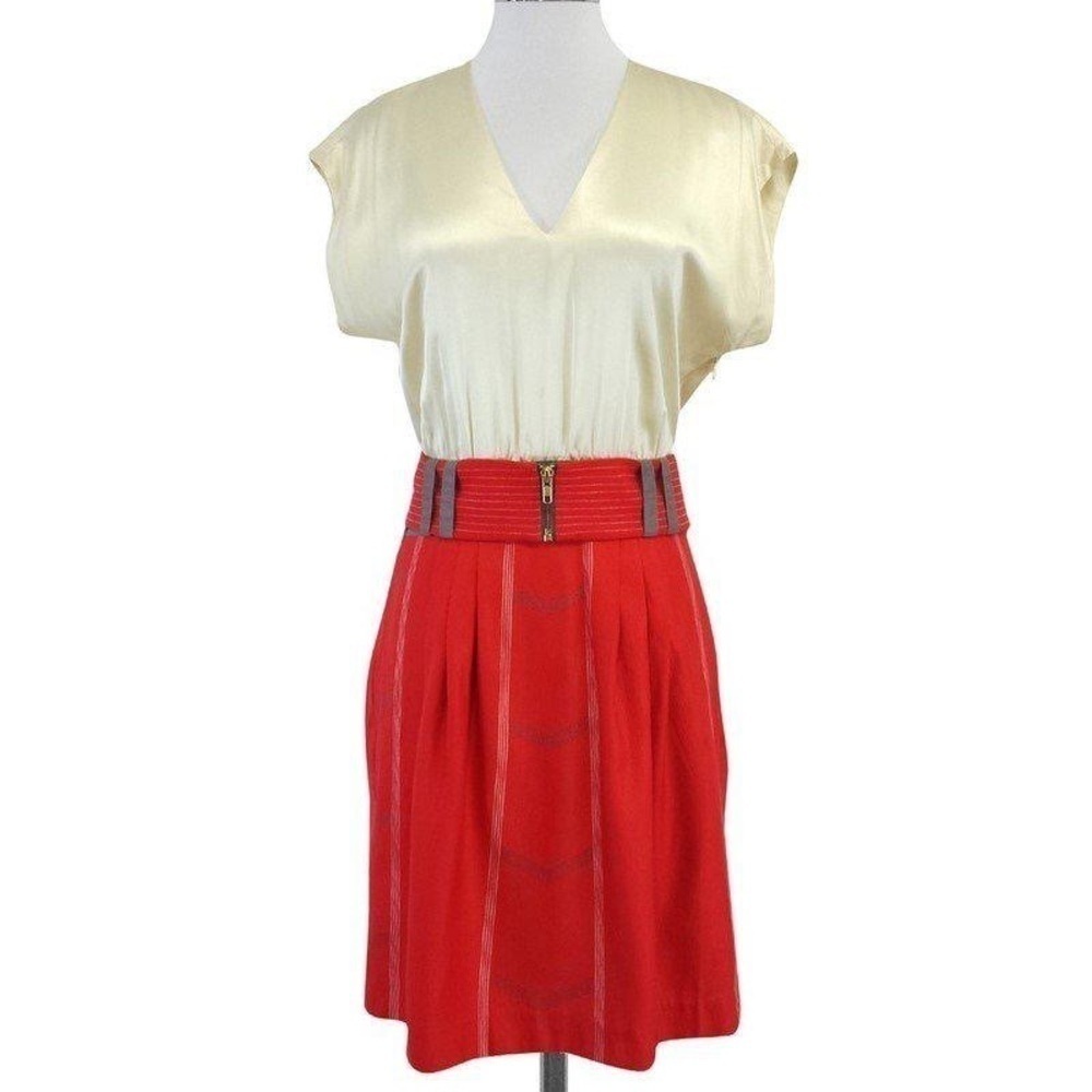 Lauren Moffatt - Red & Cream Silk Belted Dress Sz 4